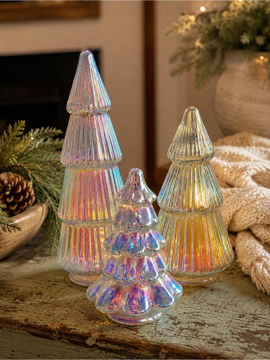 Other - Set of 3 Iridescent LED Glass Christmas Trees Holiday Tabletop Decor